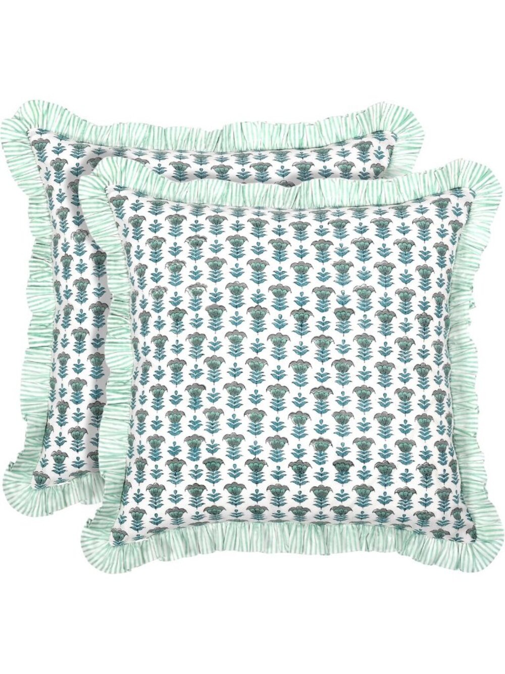 Aquamarine Blue Ruffle Pillow Covers - Set of 2, 20x20 Inch Block Print Decor